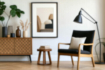 Blurred view of modern living room with sofa and soft bench. room interior with couch, armchair and coffee table or shelving units. stylish living room. comfortable workplace near big window.