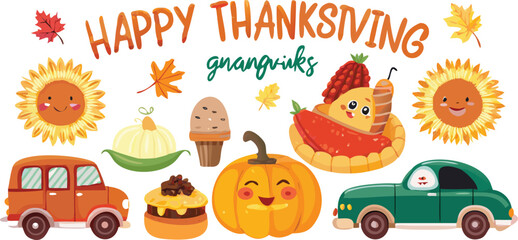 Fototapeta premium Cute thanksgiving turkey set card with a holiday autumn pumpkin celebration illustration