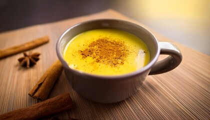 organic golden numeric latte milk with cinnamon in cup with natural light for healthy diet immune system anti inflammatory antioxidant breakfast drink in magazine editorial photography pastel