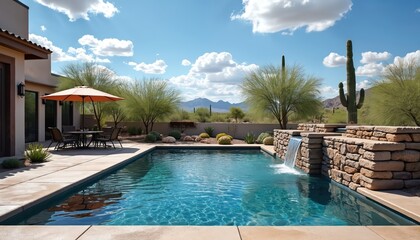 Luxury backyard oasis with sparkling blue swimming pool featuring stone waterfall. Patio with umbrella, furniture offers shade. Desert landscape with cacti, green plants, distant mountains under