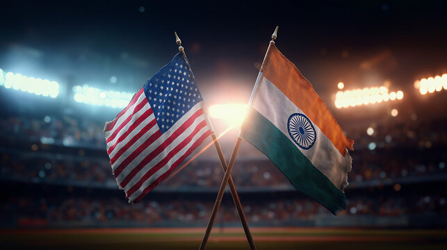 Sports event celebration usa vs india flags display stadium nighttime national pride