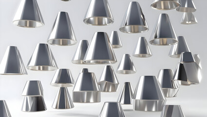 Silver Cylinder and Cone Shapes Levitating Symmetrically Against White Background