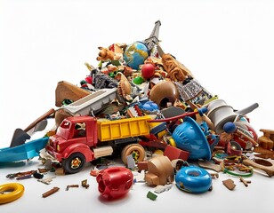 a pile of broken toys isolated on white background