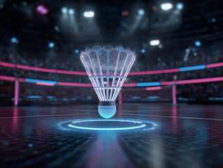 Futuristic holographic shuttlecock displayed in sci-fi arena