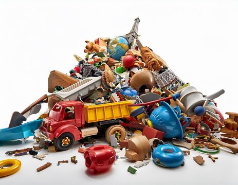 a pile of broken toys isolated on white background