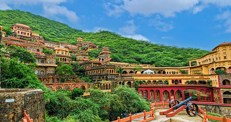 Neemrana Fort-Palace, established in 1464 AD, is a majestic 15th-century stronghold nestled atop the Aravalli hills, along the Delhi-Jaipur highway in Rajasthan..