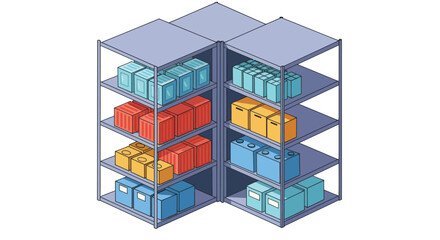 Fototapeta premium Isometric illustration of a vibrant storage room with neatly arranged metal racks