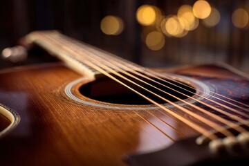 Acoustic guitar closeup with focus on sound hole and strings blurred lights in background