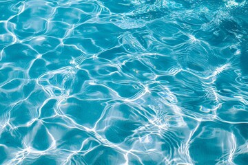 Obraz premium Top view of clear blue swimming pool water with ripples, reflections, and sunlight patterns creating a serene summer background.