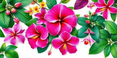 Vibrant hibiscus, orchids & lush foliage repeat on white, illustration, jungle