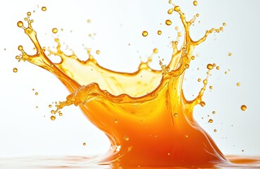 Dynamic orange juice splash frozen in motion. Bright citrus liquid creates energetic burst with droplets scattering against white background. Refreshing beverage concept, perfect for summer drinks