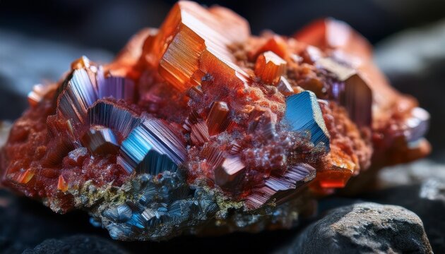 high precision close up photography of intricately formed oxidized zinc ore crystals with detailed texture and colorful metamorphism on rocks background