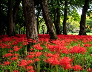 Lush red flowers in a forest