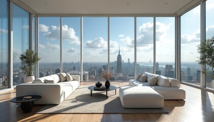 Modern living room with expansive city skyline views through large windows. Features white minimalist sofas, coffee table with hot drinks, plush floor rug. Sunlight streams in, creating bright, airy,
