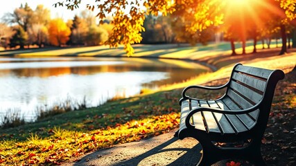 Wooden bench in autumn city park with lake under sunlight, yellow trees shedding leaves, serene atmosphere without people - Powered by Adobe