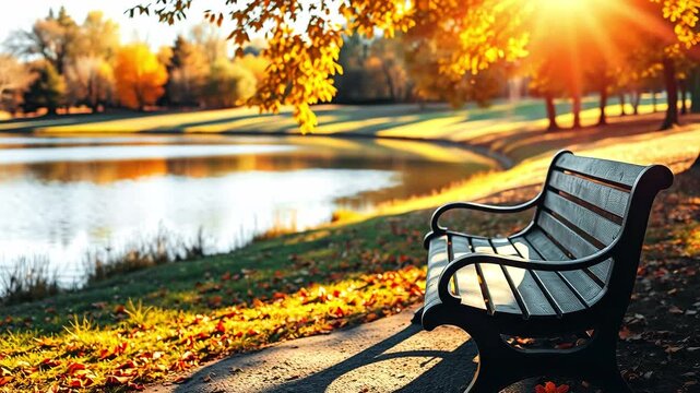 Wooden bench in autumn city park with lake under sunlight, yellow trees shedding leaves, serene atmosphere without people