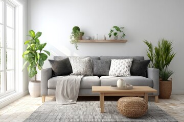 An interior shot of a living room featuring a gray couch adorned with pillows a wooden coffee table and plants set against a white wall