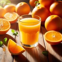 Fresh Orange Juice in Glass with Whole and Sliced Oranges
