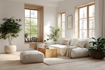 Fototapeta premium Bright living room with sofa plants windows and wooden accents