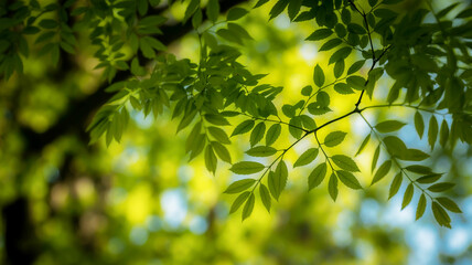 Lush Green Tree Leaves with Soft Bokeh Background in Sunlight green leaves foliage