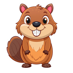 Adorable cartoon beaver with big teeth and bushy tail standing happily against a black background