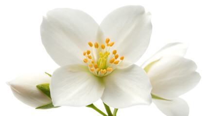 Fototapeta premium Close up of a delicate white jasmine flower with yellow stamens against a black background