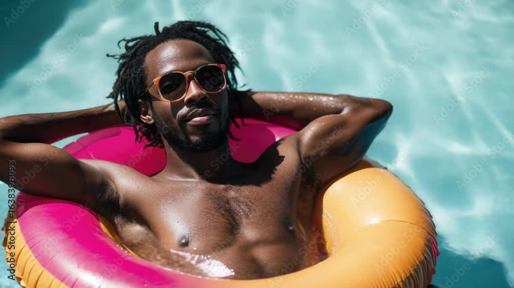 Aufkleber a person relaxing in a pool with an inflatable raft for support, suitable for use in summer ads or v