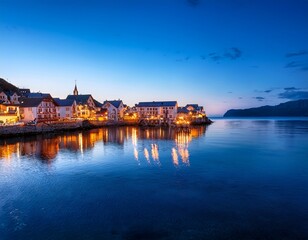 Fototapeta premium serene coastal town at dusk with calm waters and charming architecture in soft blue light