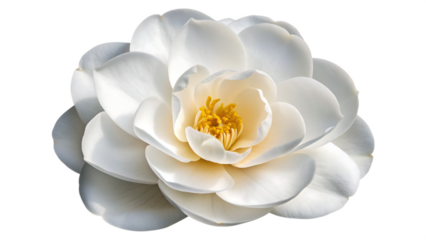 Exquisite white camellia flower with delicate petals against a stark black background