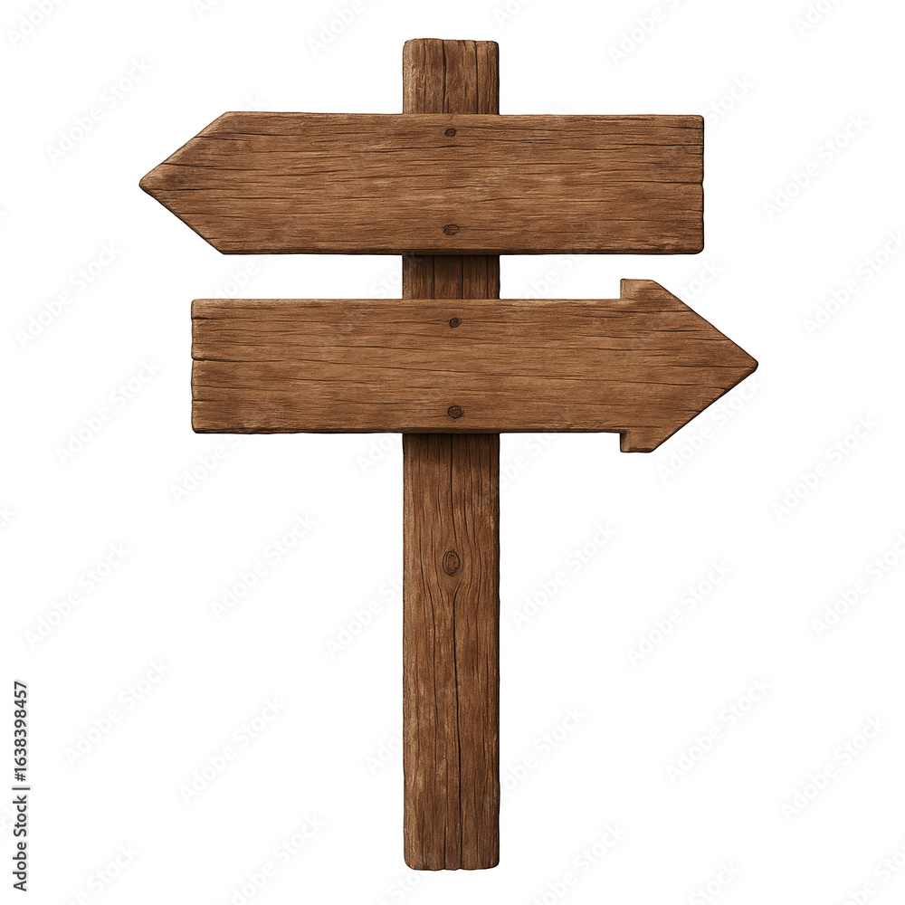 Poster rustic wooden directional signpost with arrow shapes pointing left and right, isolated on black