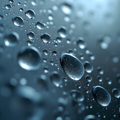 "Macro close-up of transparent water droplets on dark blue surface with reflective bokeh details"