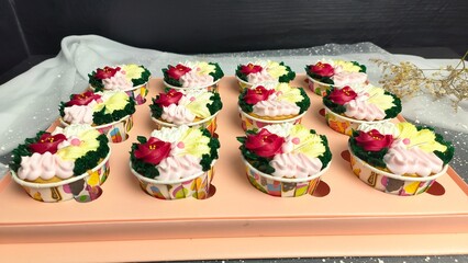 cupcake with colorful flower-shaped butter cream