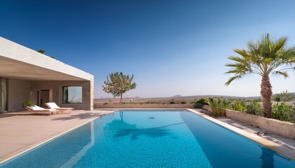 tropical garden and swimming pool in modern luxury vacation house desert architecture design background mediterranean villa with empty concrete wall palm tree poolside and patio space