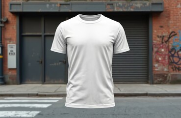 Blank white t-shirt mockup displayed on city street with graffiti background. Modern apparel design offers versatile template for fashion presentations, branding. Casual garment layout ready for