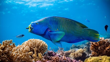 Obraz premium a vibrant blue parrotfish feeding on coral underwater concept vibrant coral reefs parrotfish feeding behavior underwater ecosystems marine biodiversity colorful fish species
