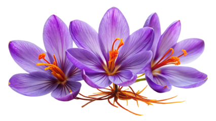Delicate purple saffron crocus flowers bloom with vibrant orange stigmas against a dark background