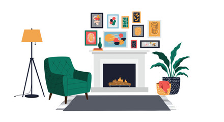 Stylish living room interior illustration with fireplace and artwork arrangement