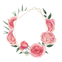 Watercolor wreath with roses. Hand drawn illustration on white background