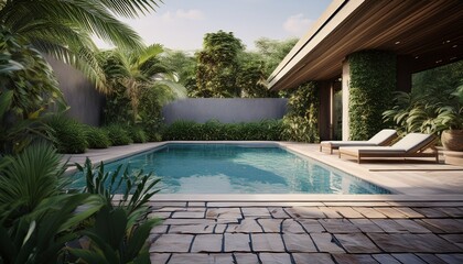 Obraz premium luxury swimming pool with tropical plants and stone path poolside patio 3d render