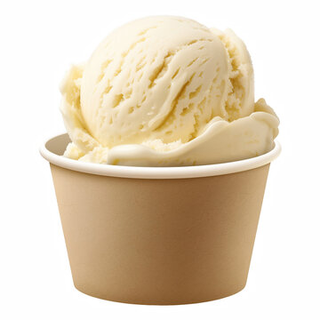 Vanilla ice cream scoops in brown paper cup isolated on transparent background