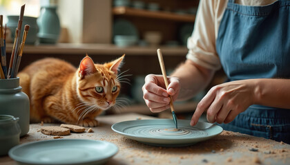 Obraz premium Potter with ginger cat in workshop painting clay plate. Artist uses brush on ceramic piece. Artisan craft creation, peaceful studio setting with tools. Hand-made pottery detail, pet observes crafting.