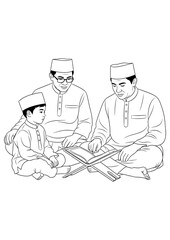 A family scene with a boy, father, and grandfather reciting the Quran together.