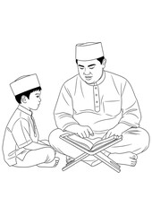 A father and son sit attentively, reciting the holy Quran.