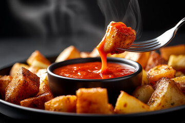 Spanish-style patatas bravas with crispy golden potato cubes, served with smoky spicy tomato sauce, steaming hot tapas dish on black plate