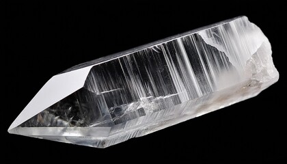 high quality clear quartz crystal point close up reveal inclusions patterns and detailed geological features on black background