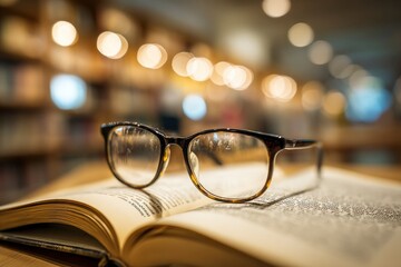 Eyeglasses rest atop an open book set against a blurred background of lights and bookshelves