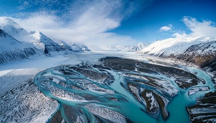 stunning and breathtaking aerial view of the glacier river and the snowy landscape