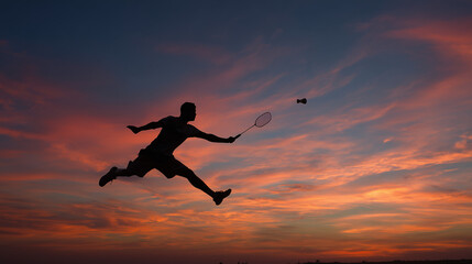Silhouette of a player diving for shuttlecock against sunset sky