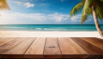Obraz premium empty wooden table for product display on sea beach blurred background ai generative