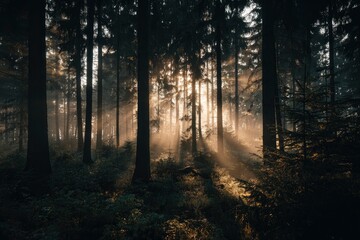 Obraz premium Forest scene with tall dark trees bathed in golden sunlight creating streaks of light through the misty air